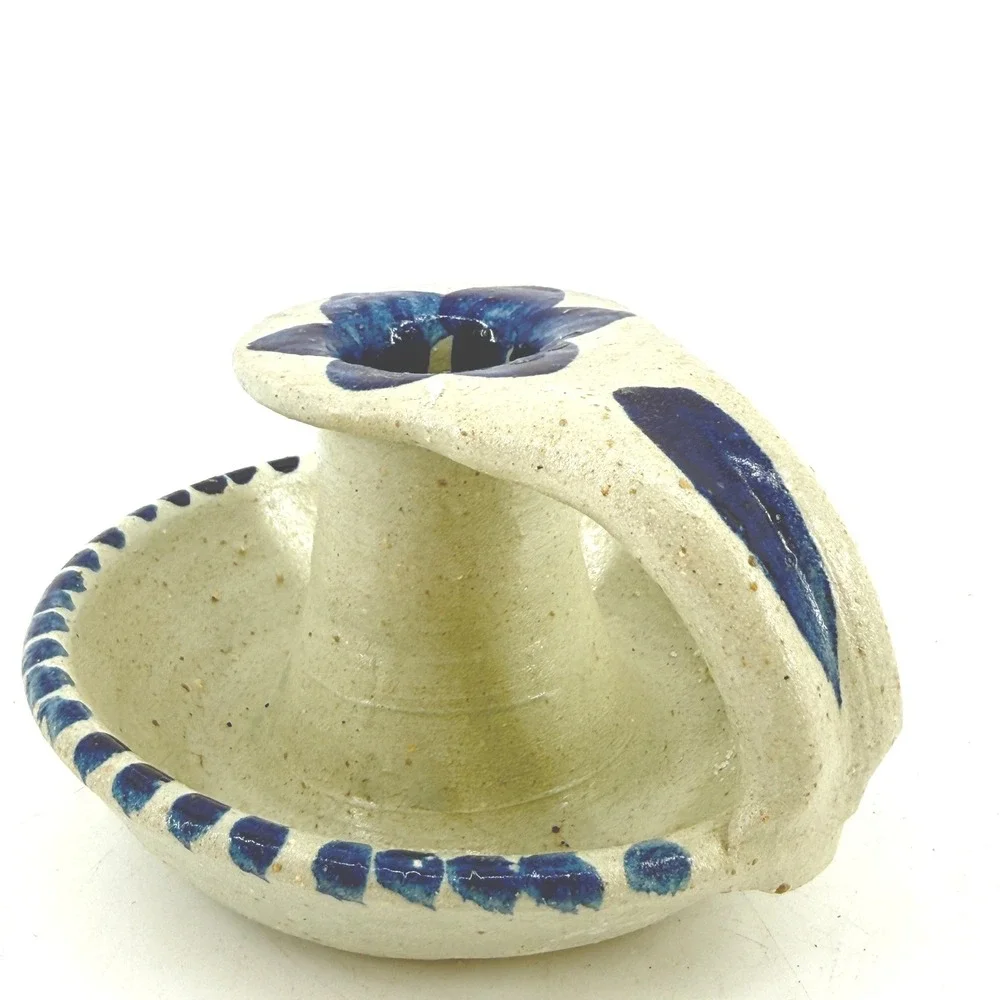 Williamsburg Pottery Stoneware Chamberstick Floral Salt Glaze Candle Holder Blue